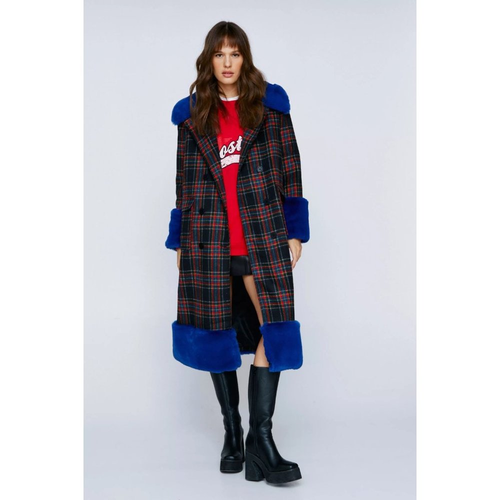 Premium Tartan Faux Fur Trimmed Check Coat